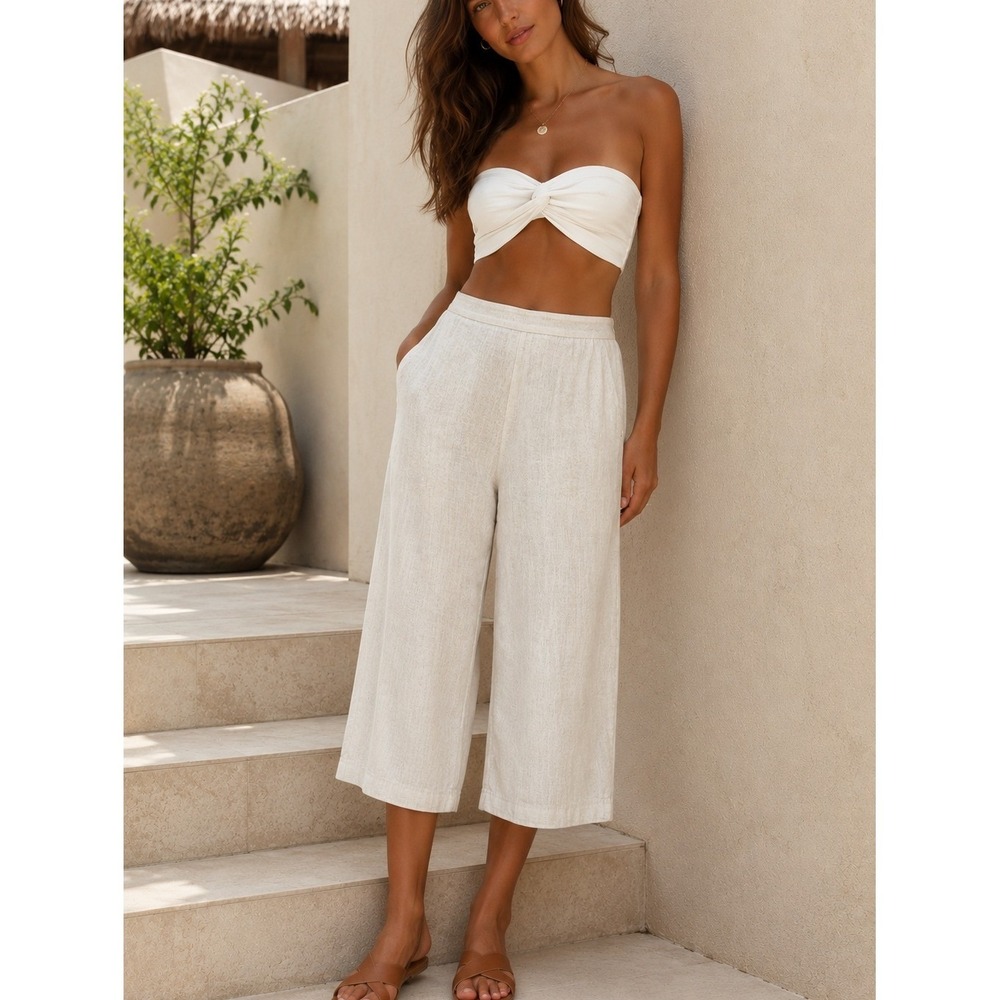 Bryn Walker Linen Wide Leg Crop Pants USA Made Natural Beige Elastic Waist Small